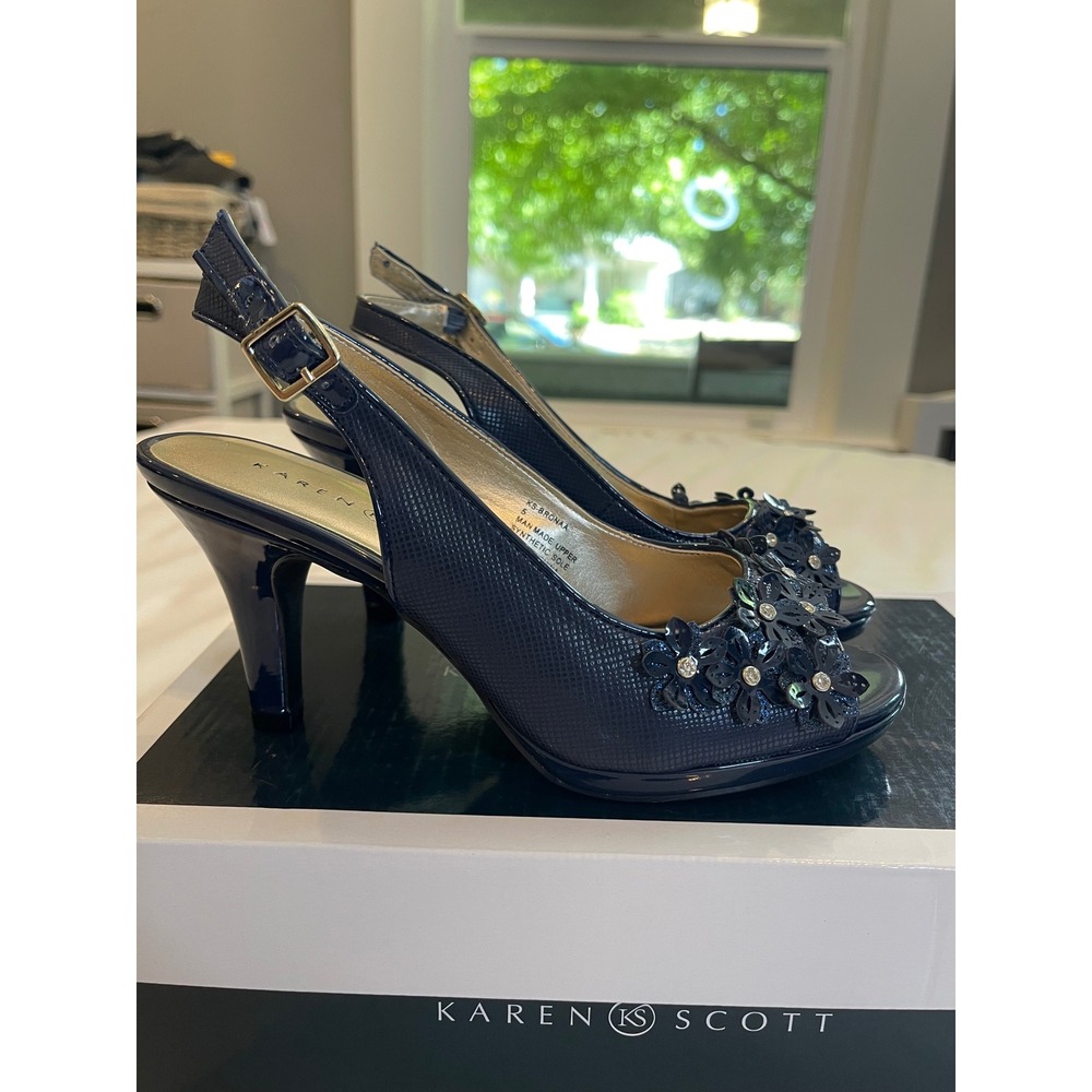 Karen Scott Navy Blue Floral Rhinestone Slingback Peep Toe Heels Size 5M